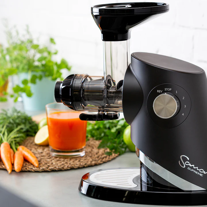 Experience the pinnacle of juicing technology with the Sana 727 Supreme, a versatile cold press juicer renowned for its superior performance, high yields, and innovative features like variable speed control and a dual-hopper feeding tube.