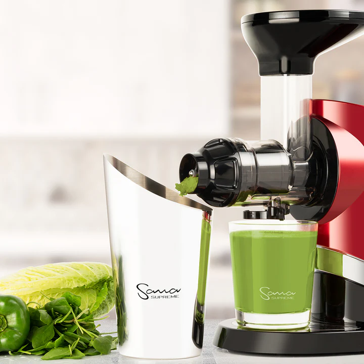 Experience the pinnacle of juicing technology with the Sana 727 Supreme, a versatile cold press juicer renowned for its superior performance, high yields, and innovative features like variable speed control and a dual-hopper feeding tube.