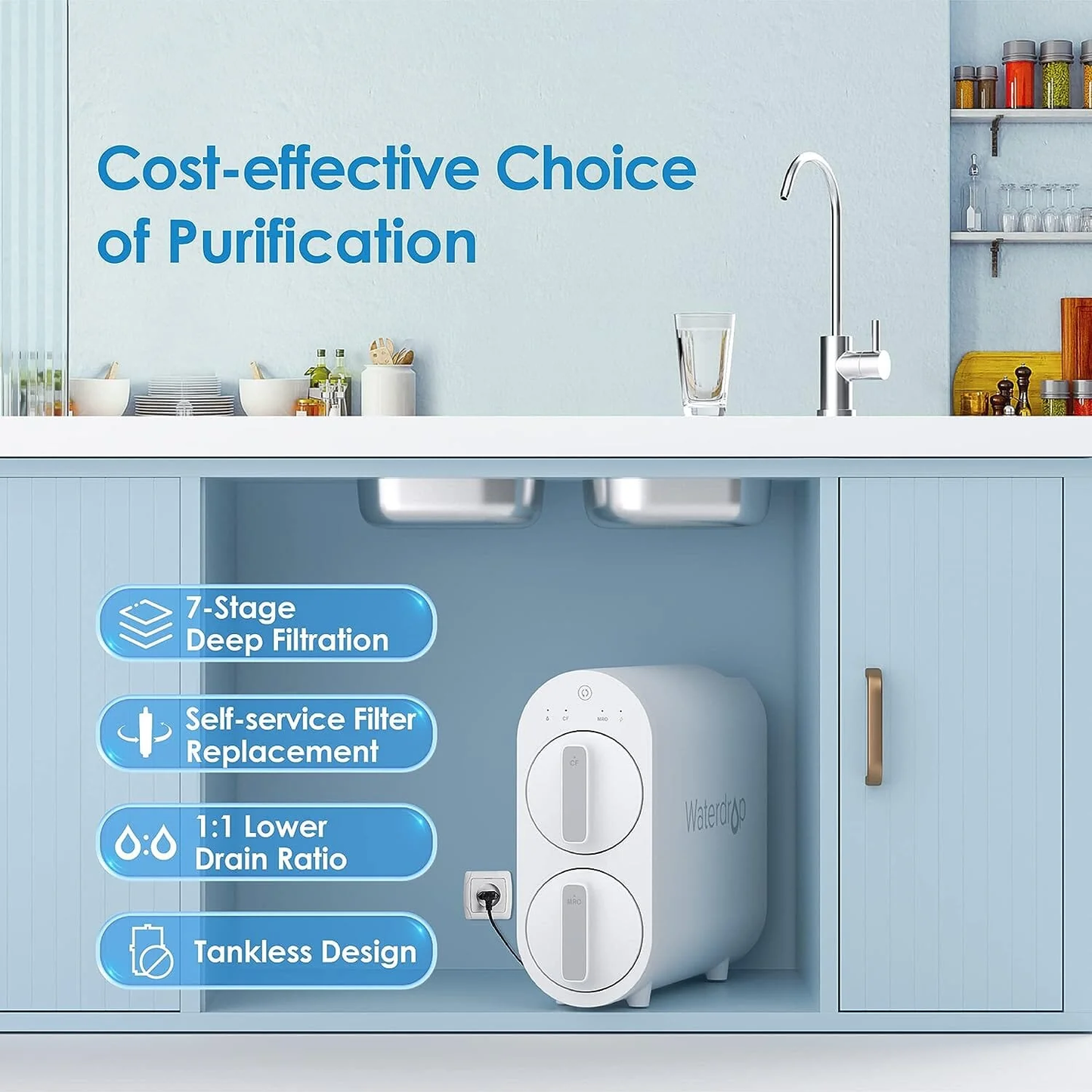 Waterdrop G2 Tankless Reverse Osmosis System: Advanced Filtration with 400 GPD Flow Rate and Space-Saving Design